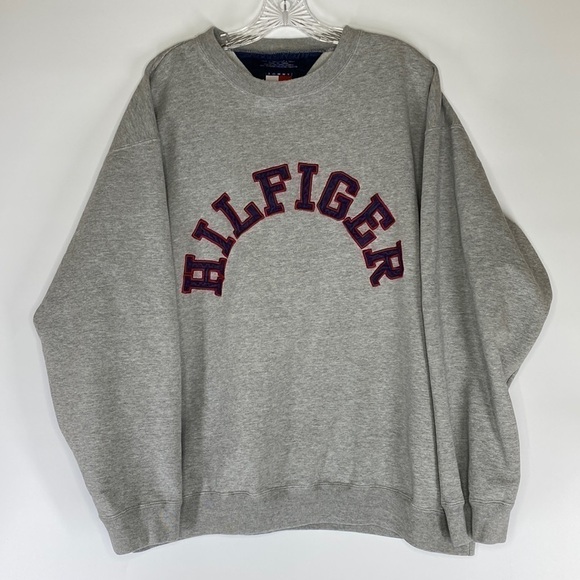 Vintage Tommy Hilfiger Gray Crew Spellout Sweatshirt Size Large 90s - Picture 1 of 6